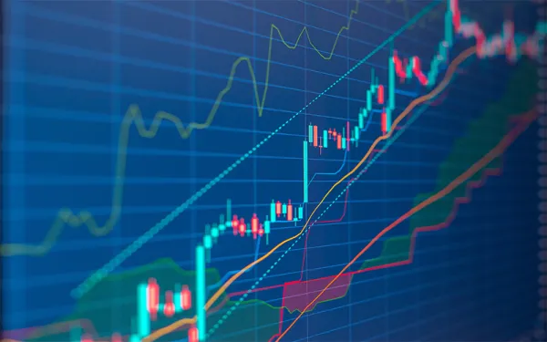 Closeup financial chart with uptrend line candlestick graph in stock market
